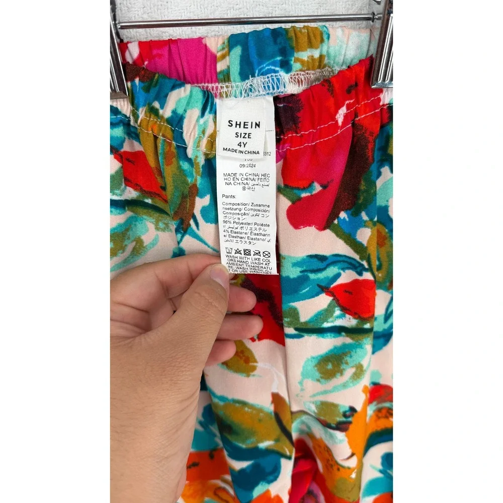 SHEIN Girls 2PC Set Hot Pink Ruffle Cami Top and Floral Wide Leg Pants Size 4Y